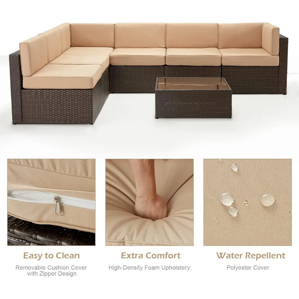 7 Piece Outdoor Patio Furniture Set, PE Rattan Wicker Sofa Set, Outdoor Sectional Furniture Chair Set with Cushions , Brown 3