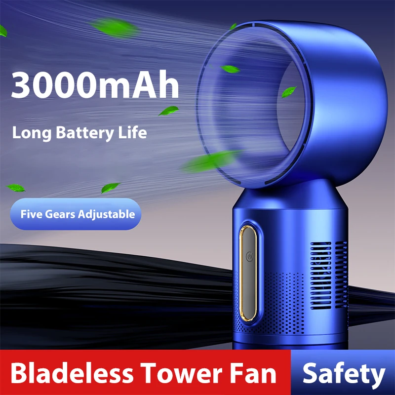 

New Bladeless Tower Fan 5 Speed Adjust USB Rechargeable Floor Standing Fan Safety for Baby Mute Wireless Cooling Desktop Fan