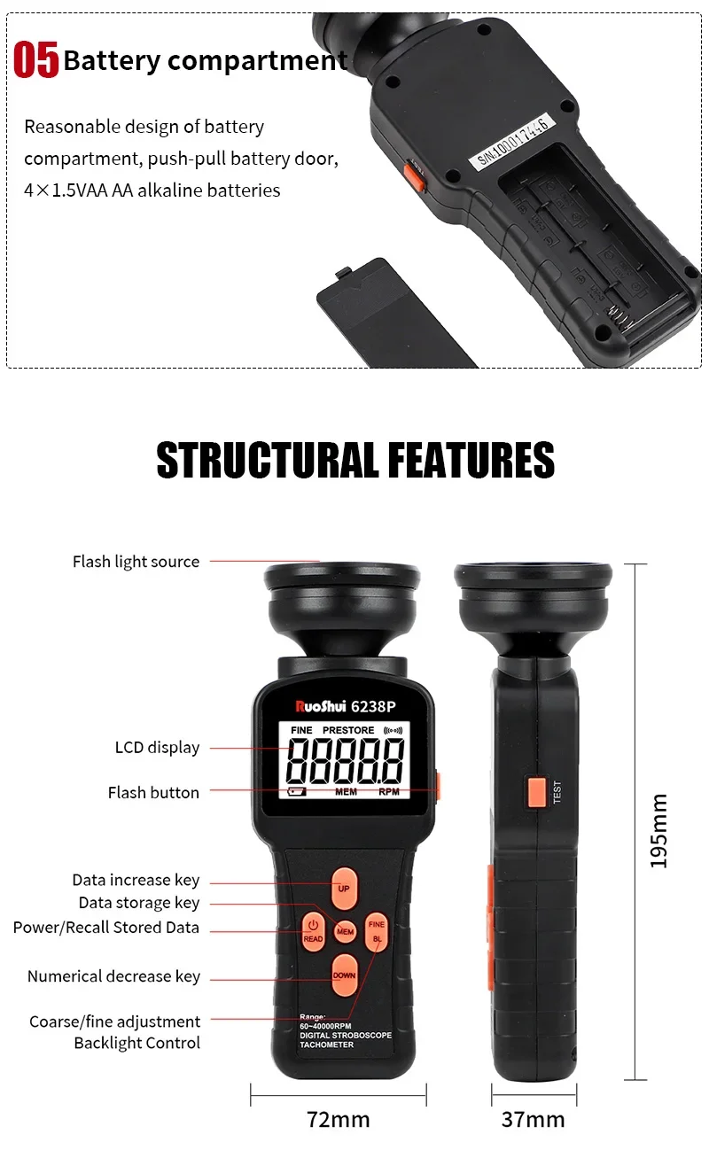 6238P Digital Stroboscope Tachometer LCD Non-Contact Flash Photoelectric Revolut