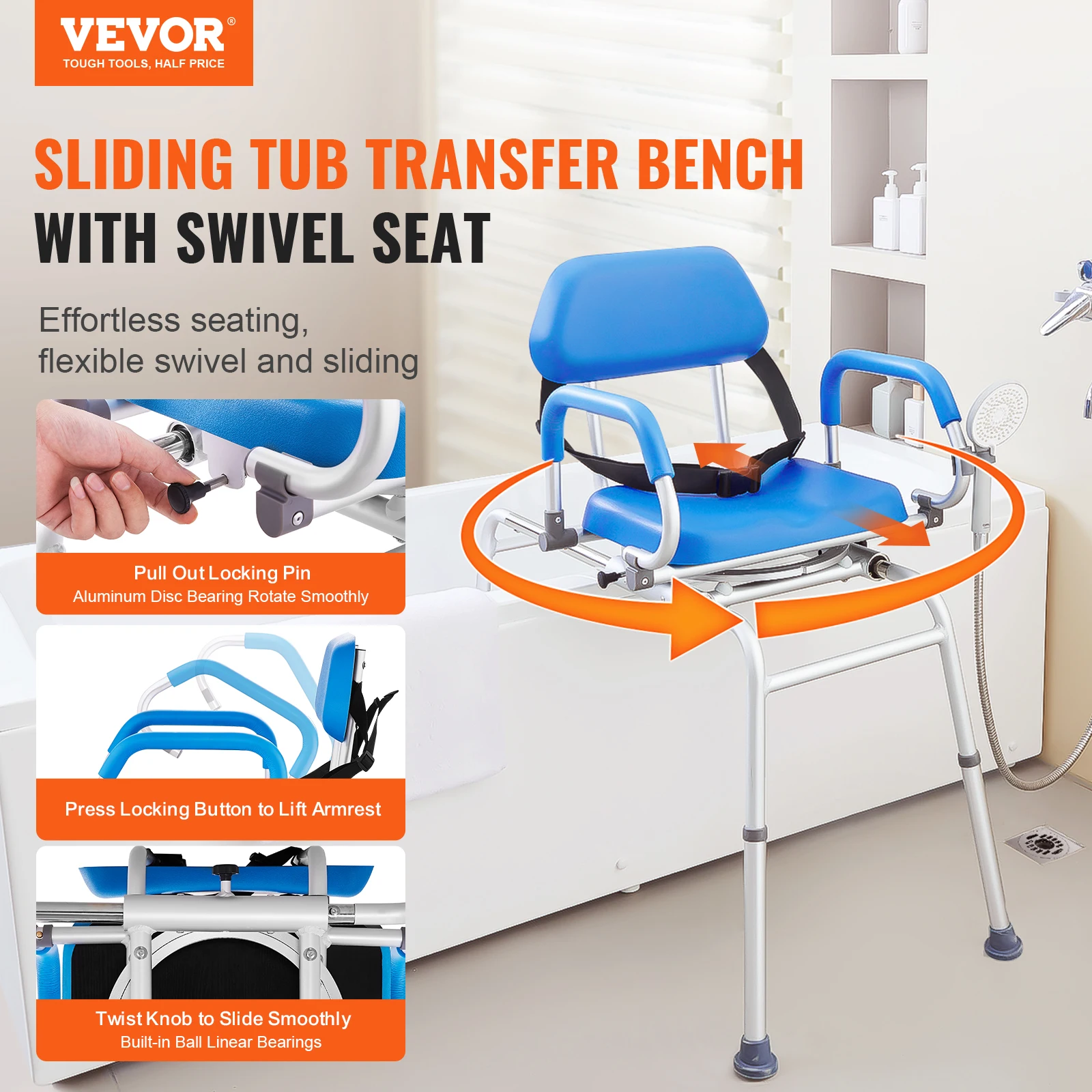 VEVOR Sliding Tub Transfer Bench with 360 Degree Swivel Seat Safety Belt Height Adjustable Bath Chair for Elderly Disabled 330LB 2