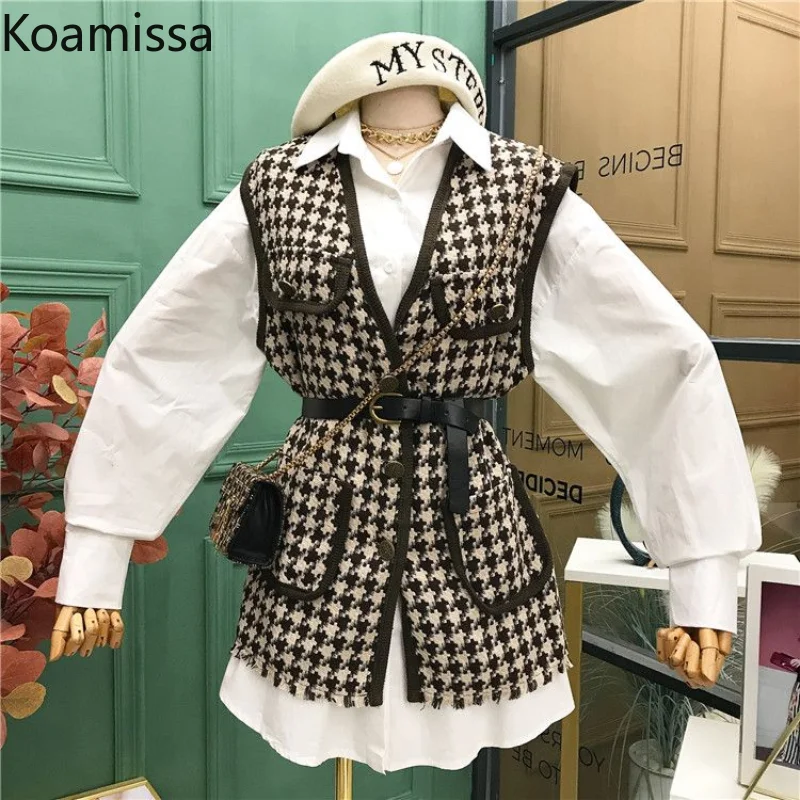 

Koamissa Fashion New Long Sleeves Shirts + Tweed Plaid Vest Korean Chic Women Spring Autumn Two Piece Set Ladies Outerwear Tops