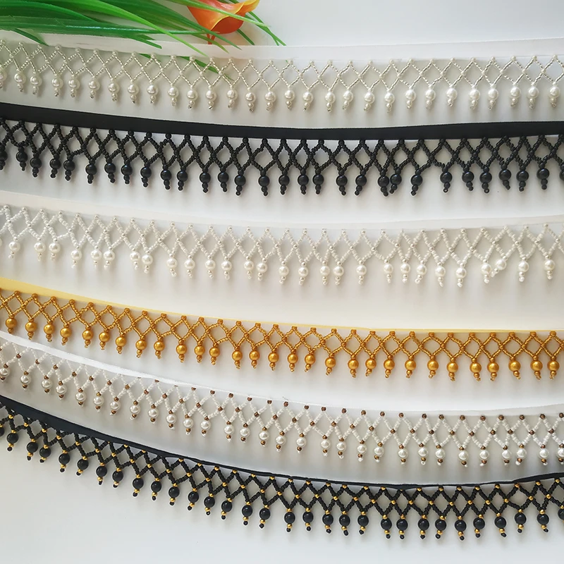 Pendant Faux Pearl Beaded Tassel Trim Ribbon Diy Sewing Costume Edging Craft Wedding Stage Dress Curtain Head Ornament L: 90cm