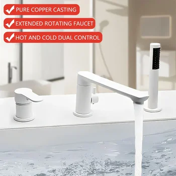 ก๊อกน้ําอ่างอาบน้ําทองแดงเต็มรูปแบบกระบอกด้านข้างแยกชุดสามชิ้นอ่างอาบน้ําเคาน์เตอร์ฝักบัวก๊อกน้ําสีขาวหมุนได้ 360 องศา 1