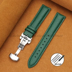 Luxurious Calfskin Litchi Leather Watch Band with Butterfly Buckle - Elegant Strap - 22mm (Green)