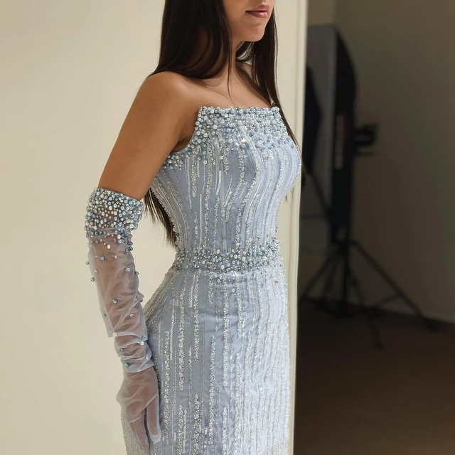 Light Blue Pearls Luxury Dubai Evening Dresses 2023 Elegant Strapless Arabic Women Wedding Party Formal Gowns SCZ139 3