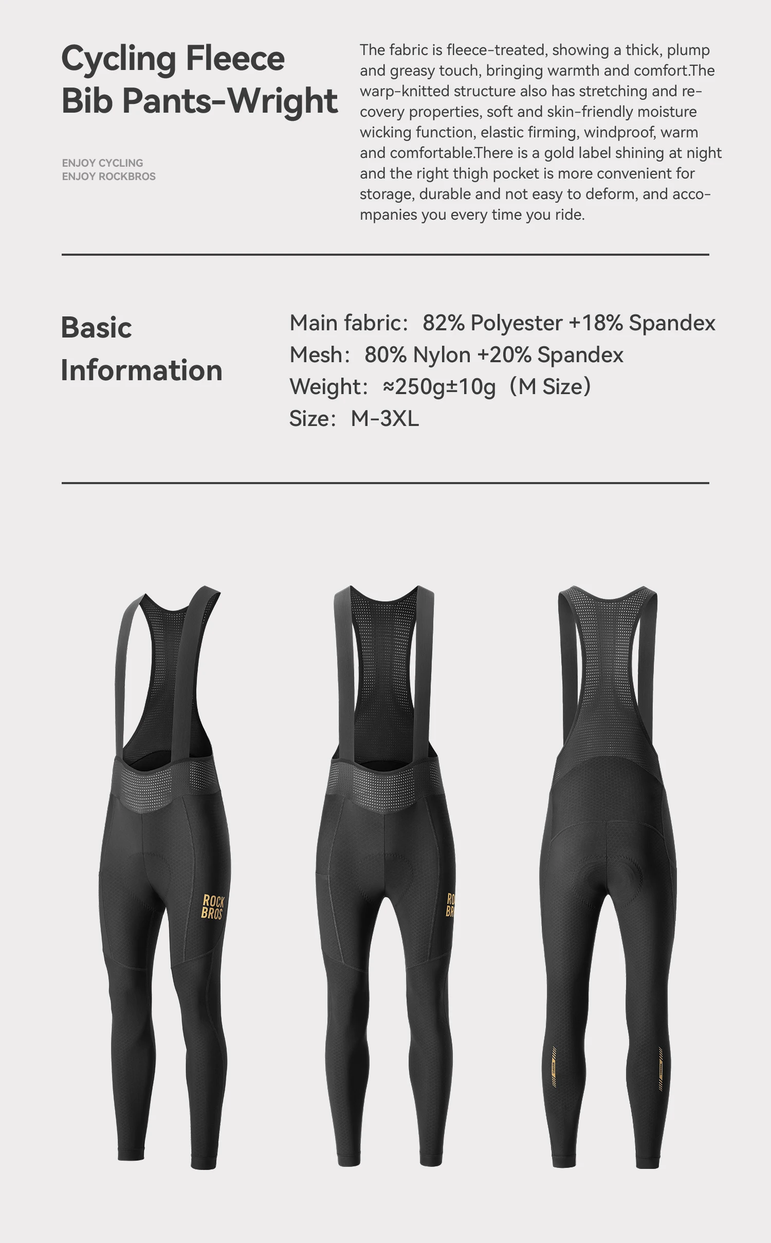 ROCKBROS Winter Radfahren Trägerhose winddicht warm Thermo-Fleece Fahrradhose hochelastisch weich gepolstert Herren-Radhose – Detail 3