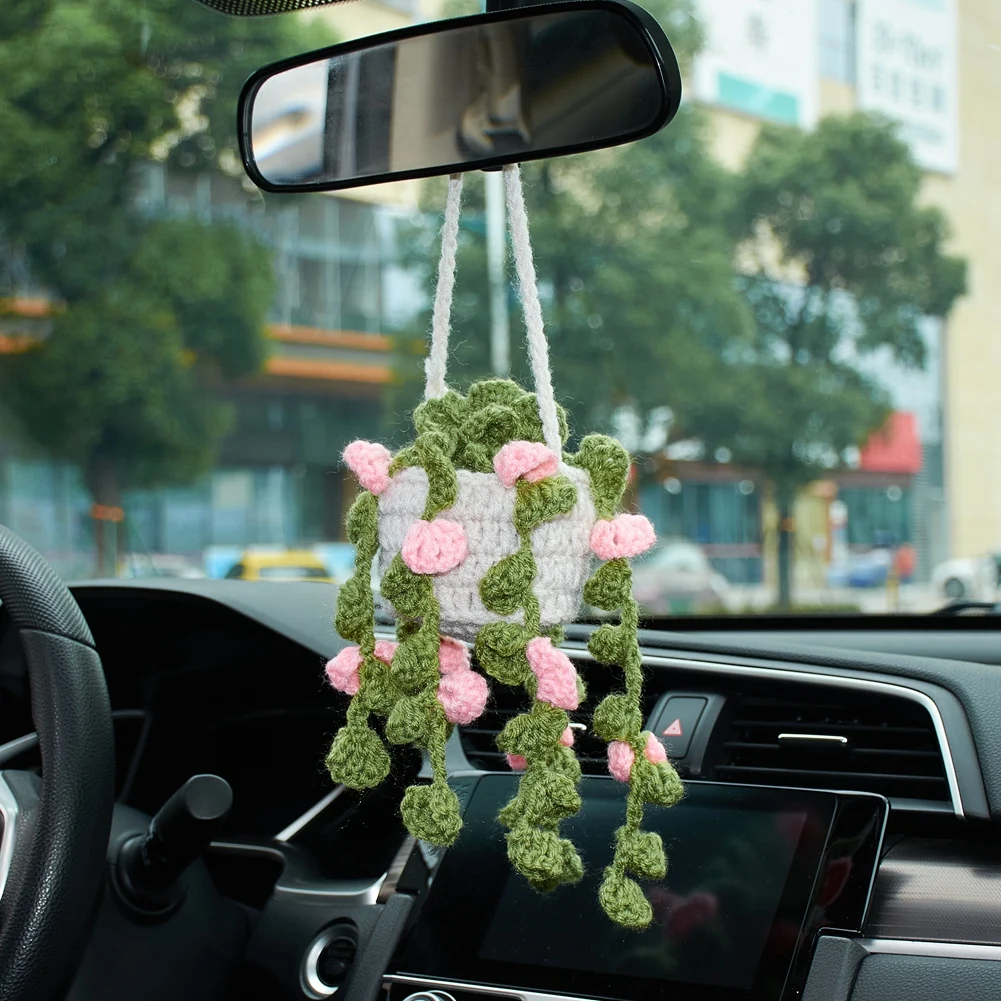 Car Plant Handmade Crochet Hanging Basket Charm Rear View Mirror Accessories  Decoration Gadgets Interior Styling Parts - AliExpress