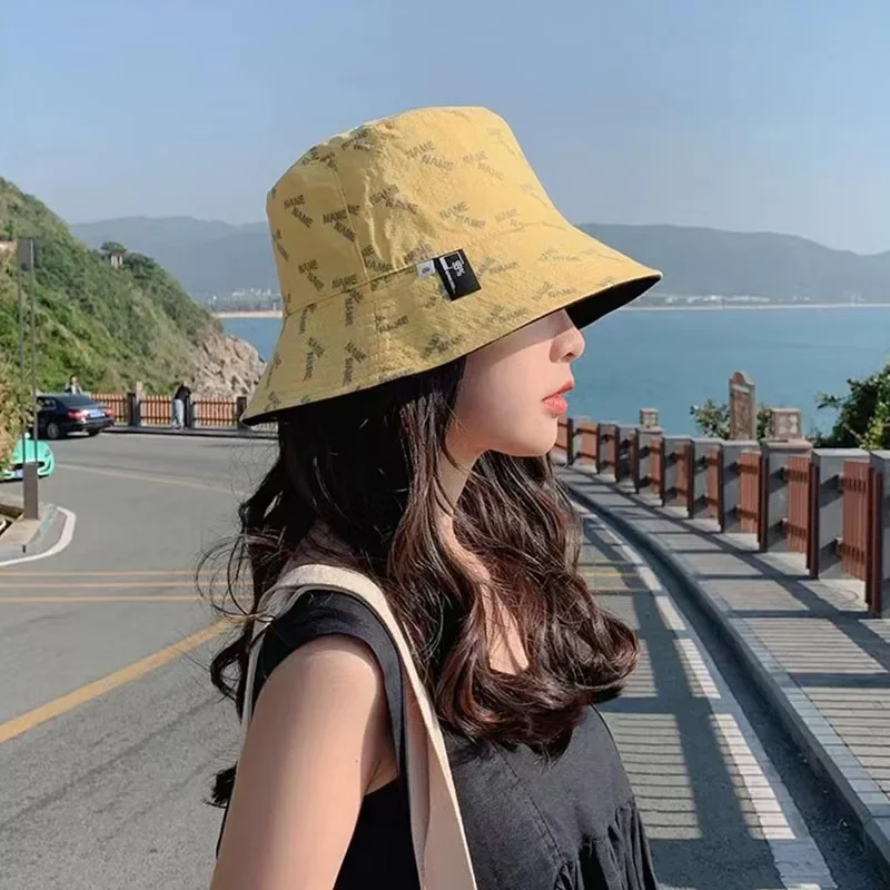 Women Bucket Hat Double-sided Wear Korean Fashion Letter Print Fisherman Hat For Girl Summer Outdoor Beach