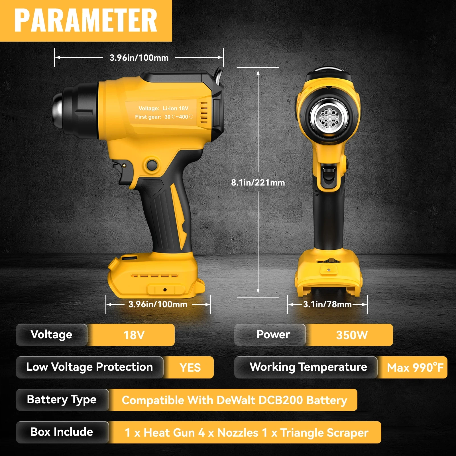 Heat Gun Cordless Portable Adjustable Temperature 122℉-1022℉ For Dewalt 20v Battery With 4pcs Nozzles