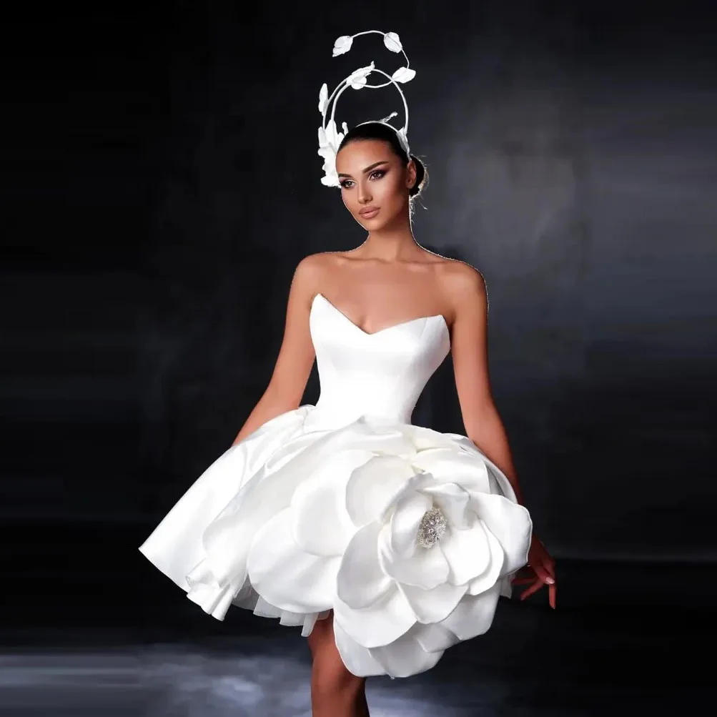 Garden Pure White Handmade Flower Short Cocktail Party Dresses Strapless Mini Bloom Bridal Dress Lace Up Back