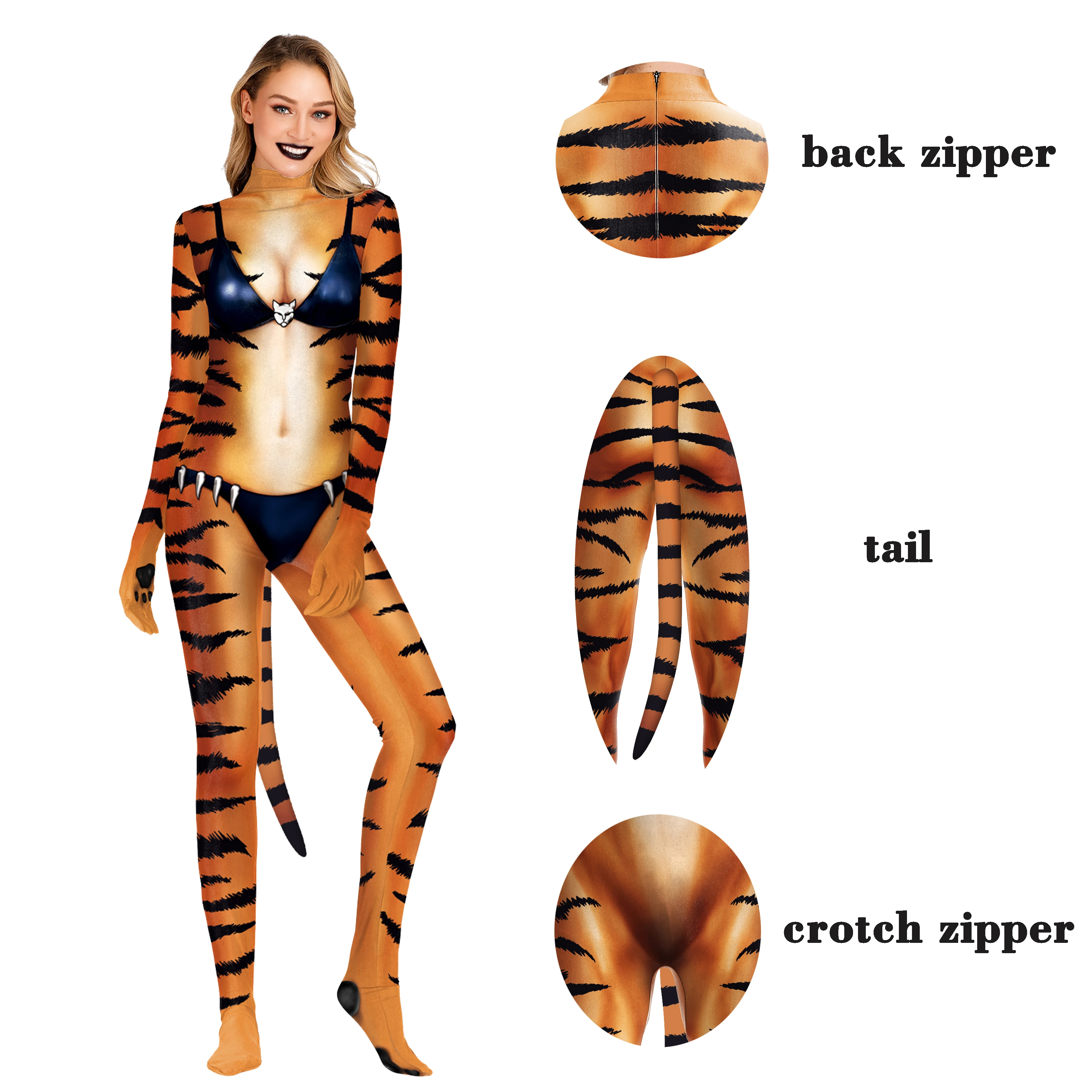Traje de gato con estampado 3D de leopardo de Zawaland, disfraz de lobo para fiesta de Halloween, mono Zentai unisex con cola, traje de bondage