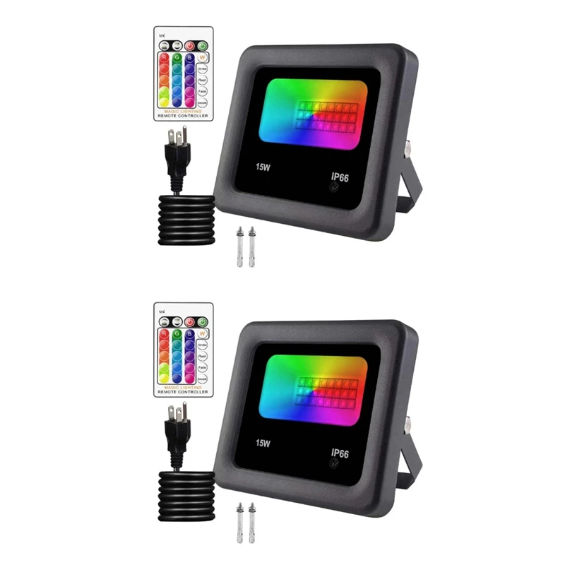 

2X RGB Flood Lights 15W LED Remote Control Spotlights IP66 Waterproof 16 Colors & 4 Modes For Garden Stage Park(US Plug)