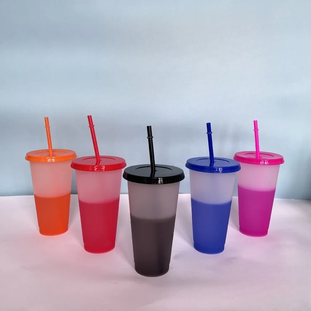 Description Picture 3 of itemNew 24oz 10Pcs Color Changing Cups with Lids and Straws 710ml Plastic Tumblers Cute Iced Coffee Cup Reusable Cups Bulk