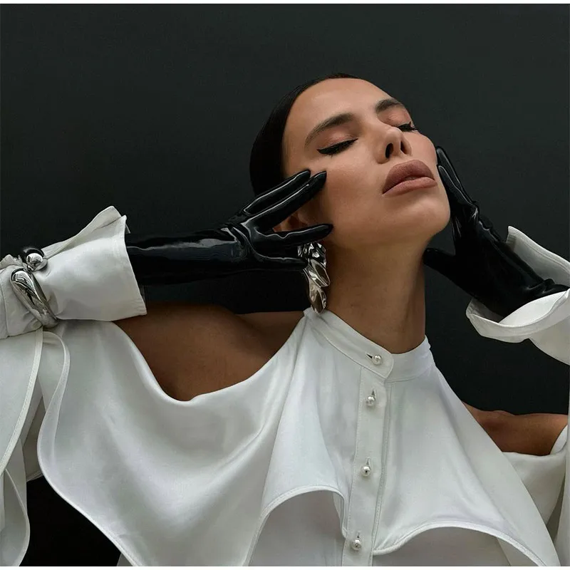 Elegant White Ruffle Halter Shirts Women Vintage Loose Hollow Out Single Breasted Blouses Female Autumn Chic High Street Tops