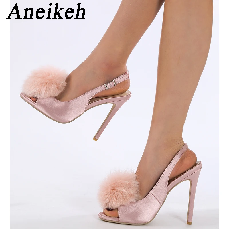 

Aneikeh 2024 элегантный сексуальный флок с открытым носком на тонких высоких каблуках женские украшения с перьями ремешки на ремешке с пряжкой женская обувь