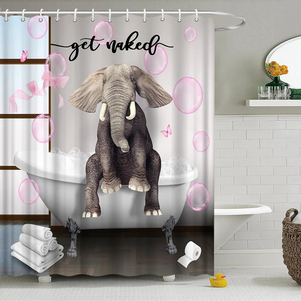 Funny Elephant Shower Curtain Cute Animal Bathing in Sunflower Tub Pink