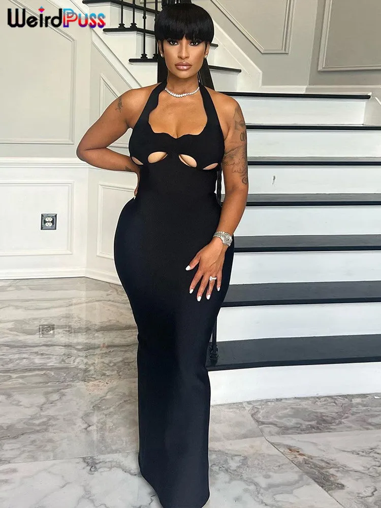 Strano Puss Hollow Sexy Party Dress Donna Summer Backless Halter Senza Maniche Solid Bodycon Back Split Stretch Midnight Vestidos