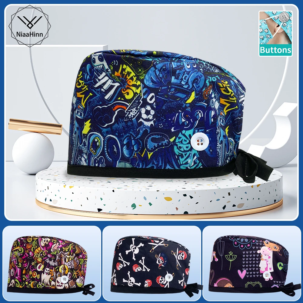 

New Multicolor Cotton Scrub Hat Wholesale Unisex Cartoon Printing Nursing Caps Pet Clinic Doctor Hats Button Surgical Scrub Cap