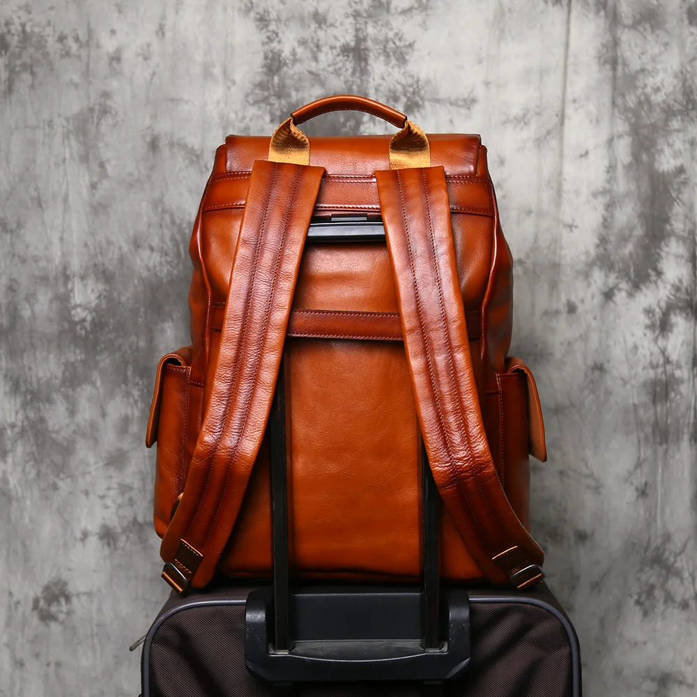 NZPJ Men's Genuine Leather Backpack Top-Grain Cowhide Flap Large Capacity Outdoor Travel Retro Casual Laptop Bag