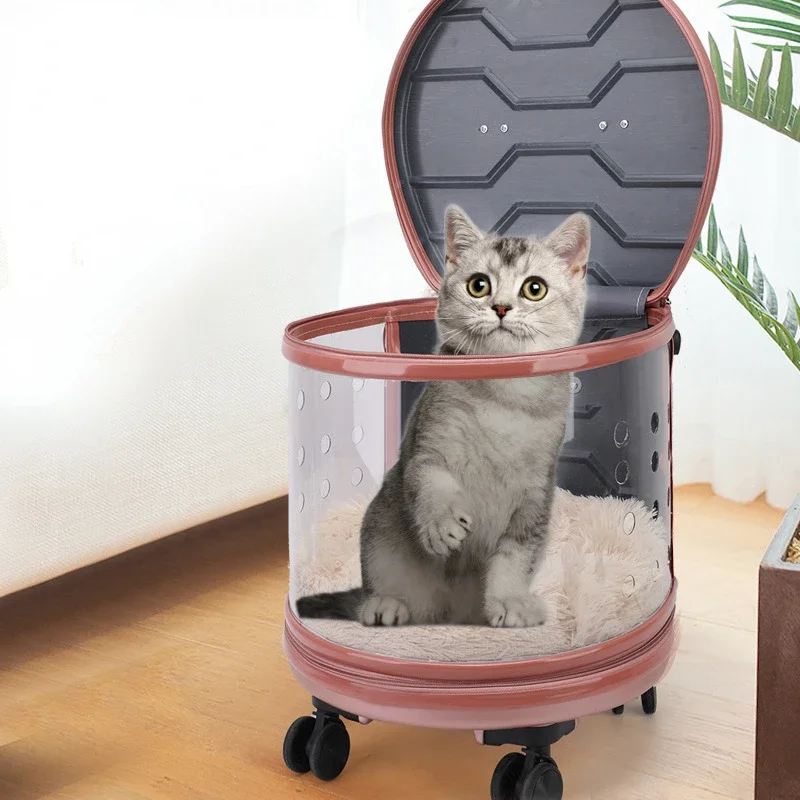 Pet Cat Cart Dog Portable Travel Rolling Luggage Backpack Dog Carrier Carry Travel Clear Capsule Bag