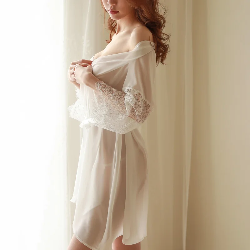 Silk Robe Sleepwear Bath Robe See Through Lace Terry Bridesmaid Shower Robes Sexy Lingerie Women's Home Clothes Sleep Tops