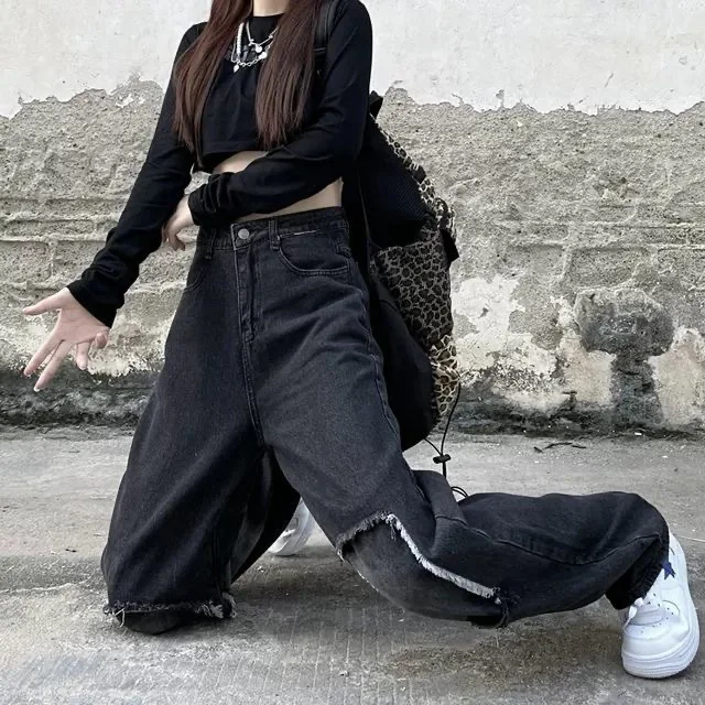 Denim Planet Black Distressed Wide Jeans 2024 New High Waisted Slim Fit Draped Straight Leg Loose Floor Mop Pants
