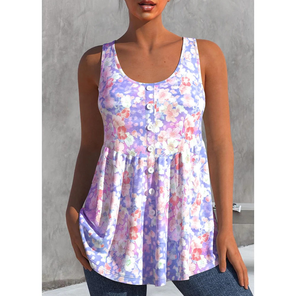 

Plus Size Ditsy Floral Print Decorative Button Round Neck Casual Tank Top