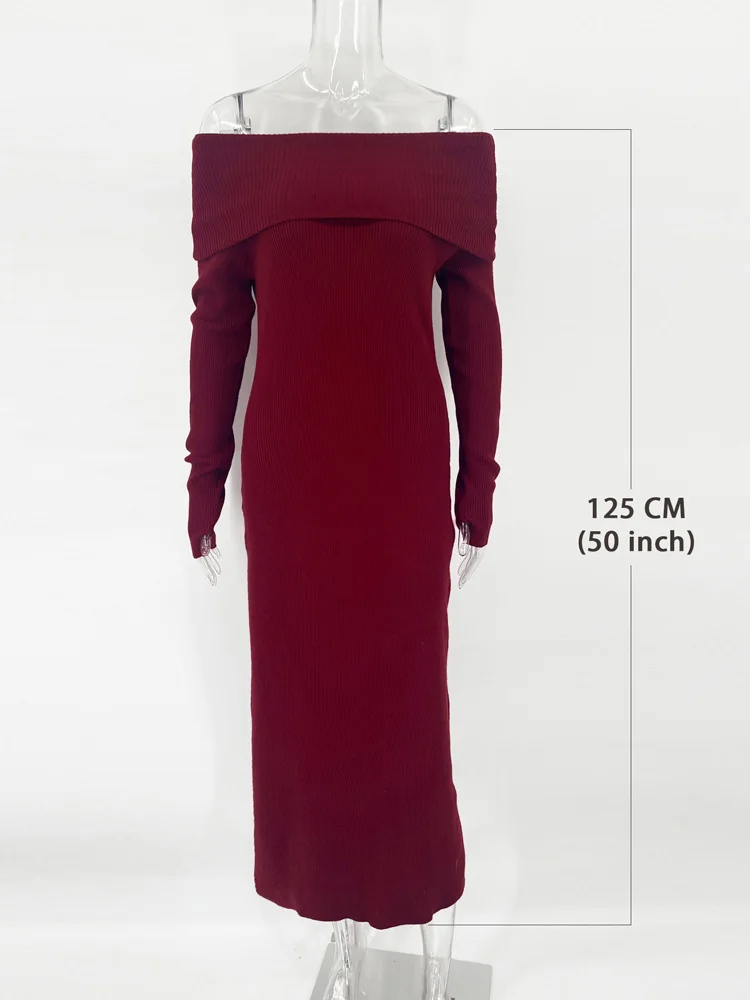 Fashion Knit Long Dress Off-Shoulder Female Ribbed Loose High Waist Elegant Autumn Party Dress Ladies Knitwear Maxi Dress
