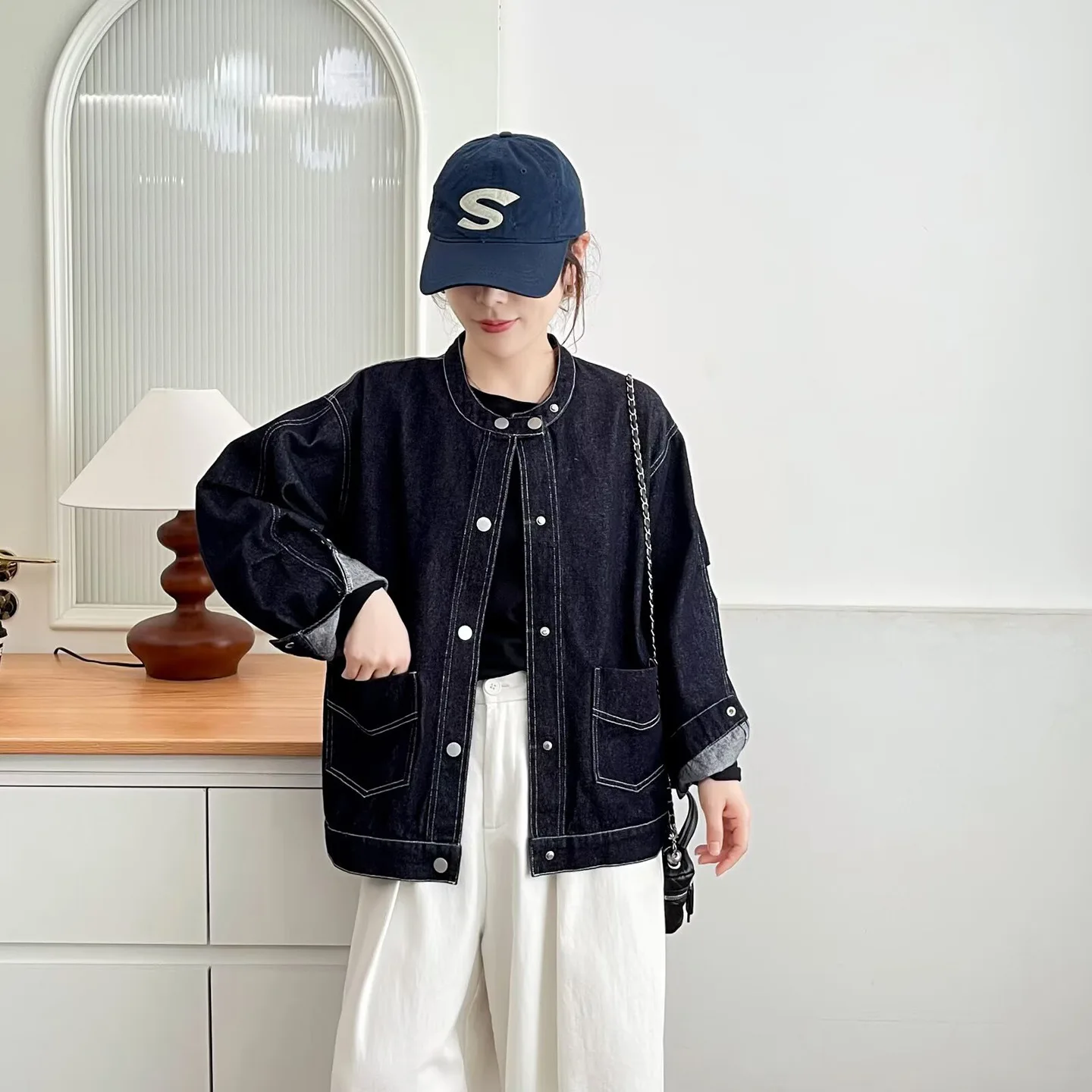 Fashion Plus Size Women's Denim Jacket Loose In Autumn Bright Line Decorate Casual Cardigan Coat 975