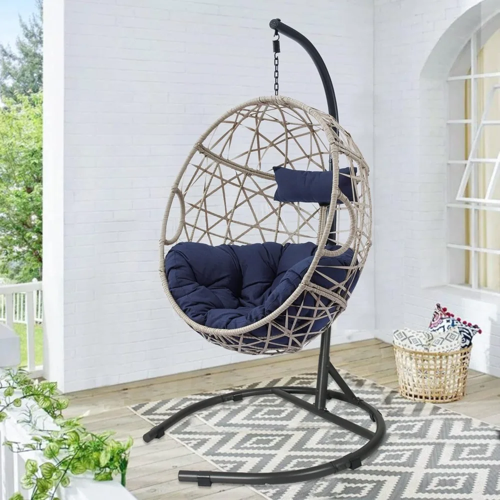 Outdoor Furniture Egg Chair Swing with Stand and Cushion, for Garden Patio Backyard Lawn, Wicker Tear Drop Hammock Chair 2