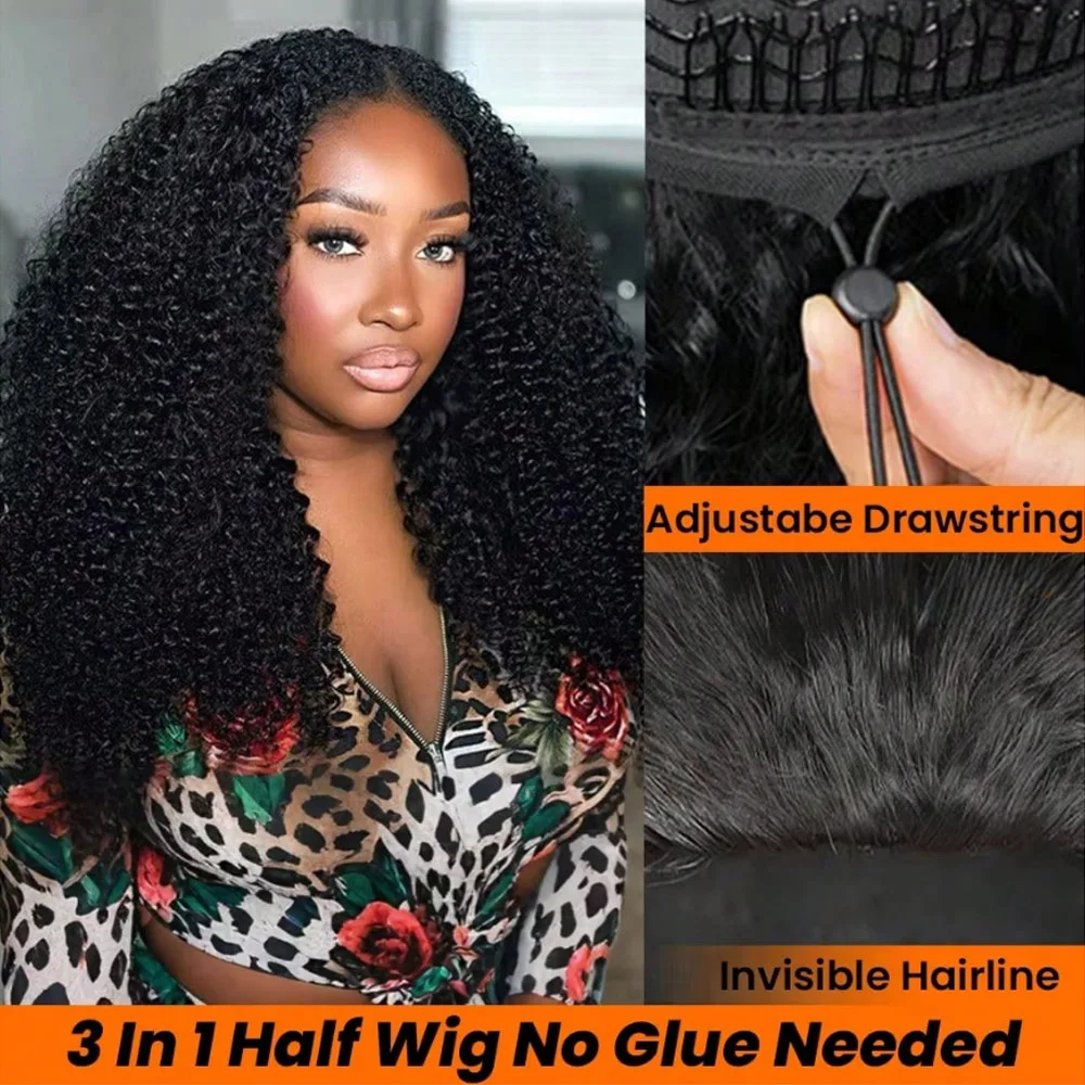 30 Inch Half Wig Human Hair Water Wave Wigs Curly Half Wig 3 In 1 Adjustable Drawstring Seamless Flip Over Invisible Hairline