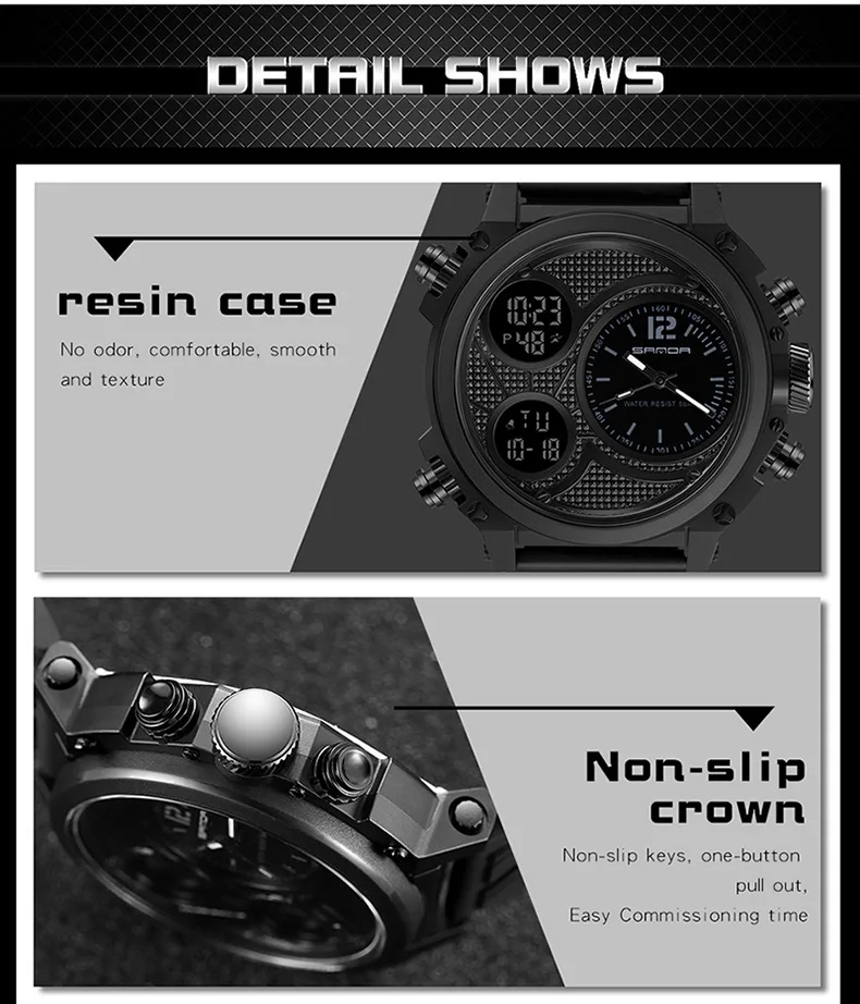 SandaSports Watch，outdoor，luminous，Double show electronic watch，Resin strap,With double time display digital clock