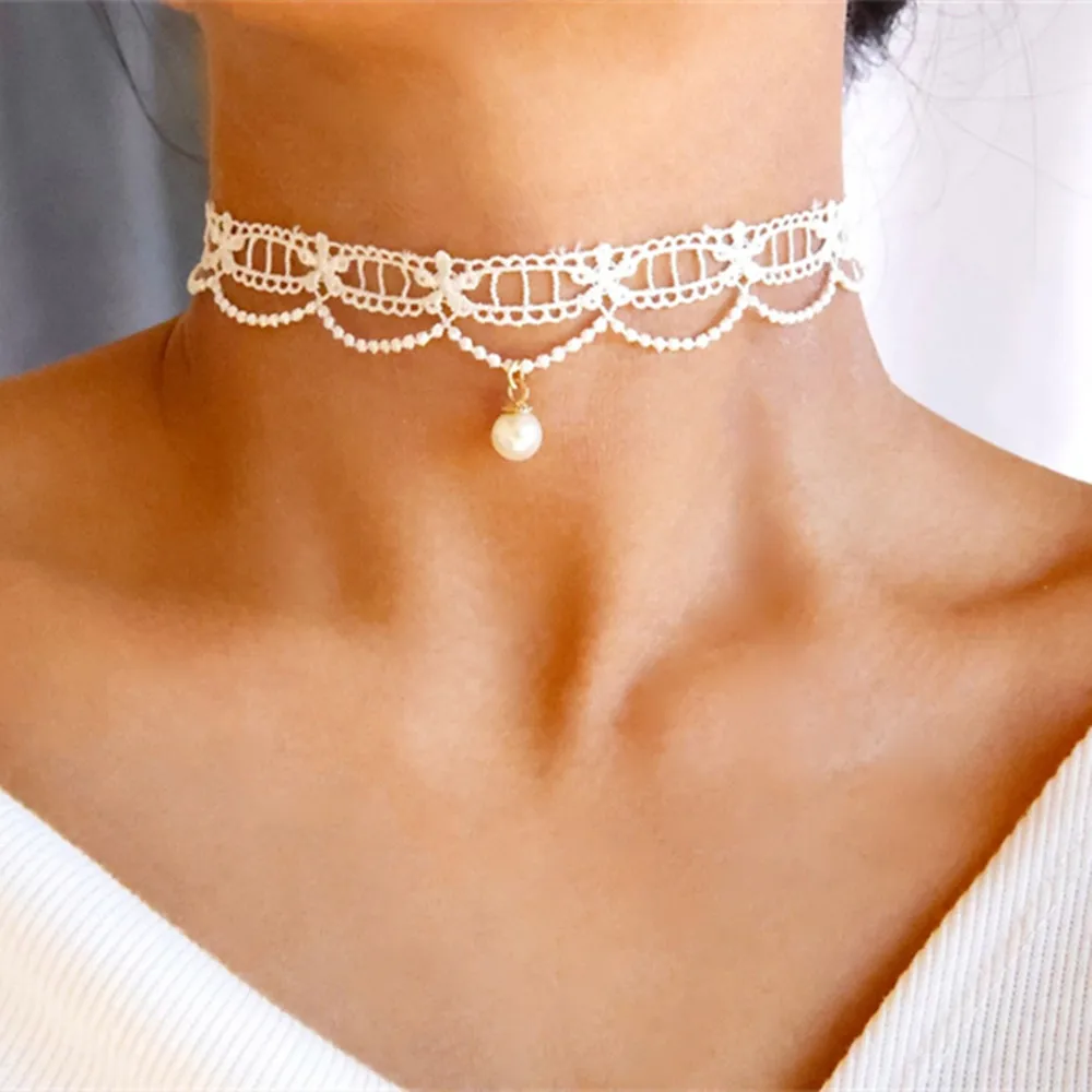 Vintage Fashion Black Lace Heart-Shape Artificial Pearl Pendant Necklace Female Women Sexy Simple Choker Ladies Party Jewelry - Image 6
