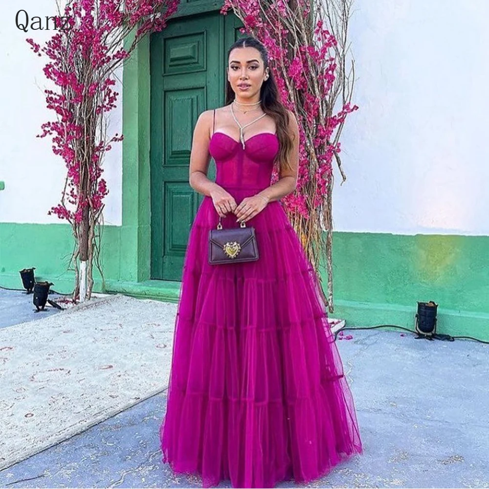 

Qanz A-line Sweetheart Tulle Evening Dresses 2023 Luxury Tiered Long Fuchsia Spaghetti Straps Vestidos De Noche Party Dresses