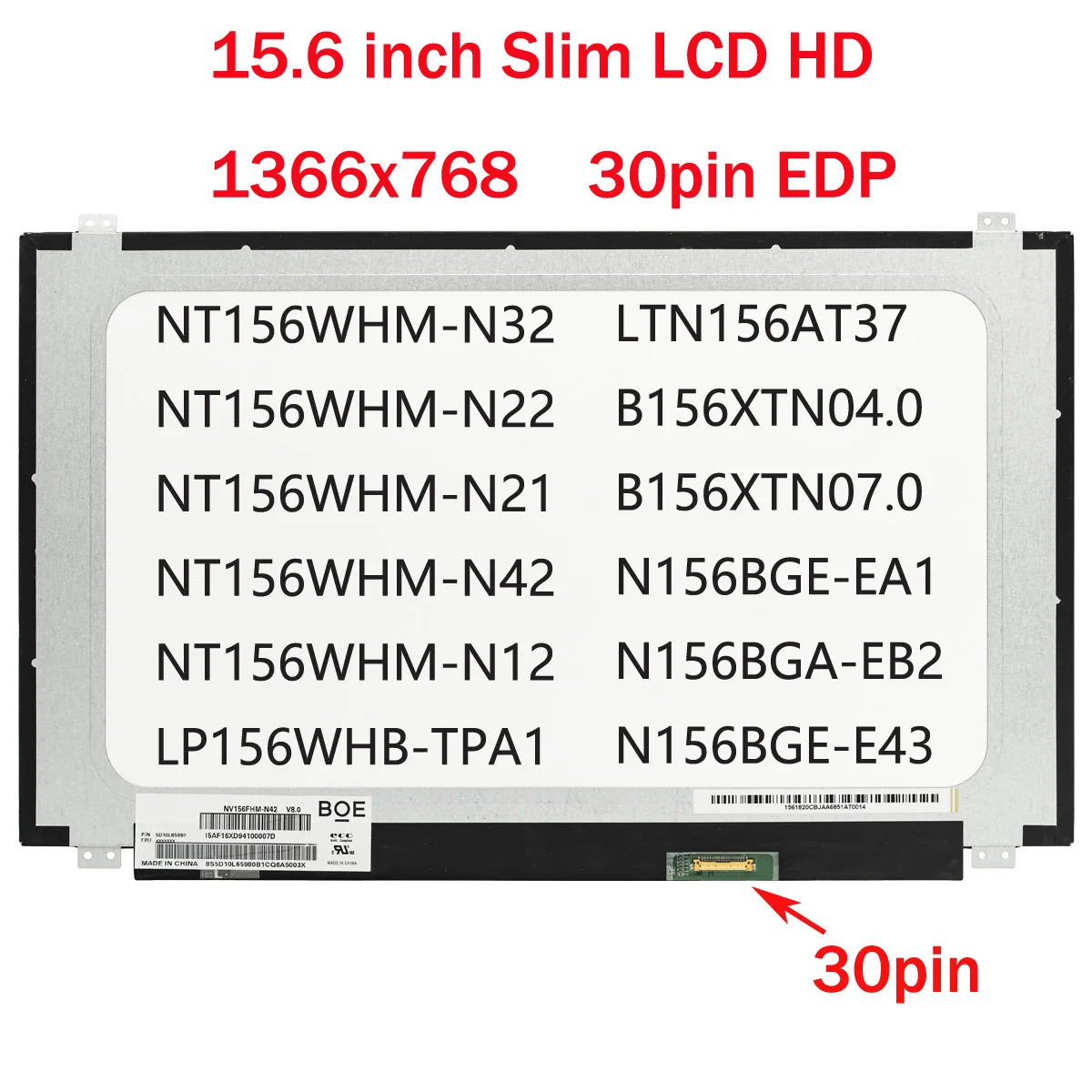 15.6 inch Laptop LCD Screen B156XTN07.0 Fit LP156WHU-TPG1 LTN156AT38 For Lenovo ideapad 310-15 110-15 510-15 1366x768 30pins eDP |