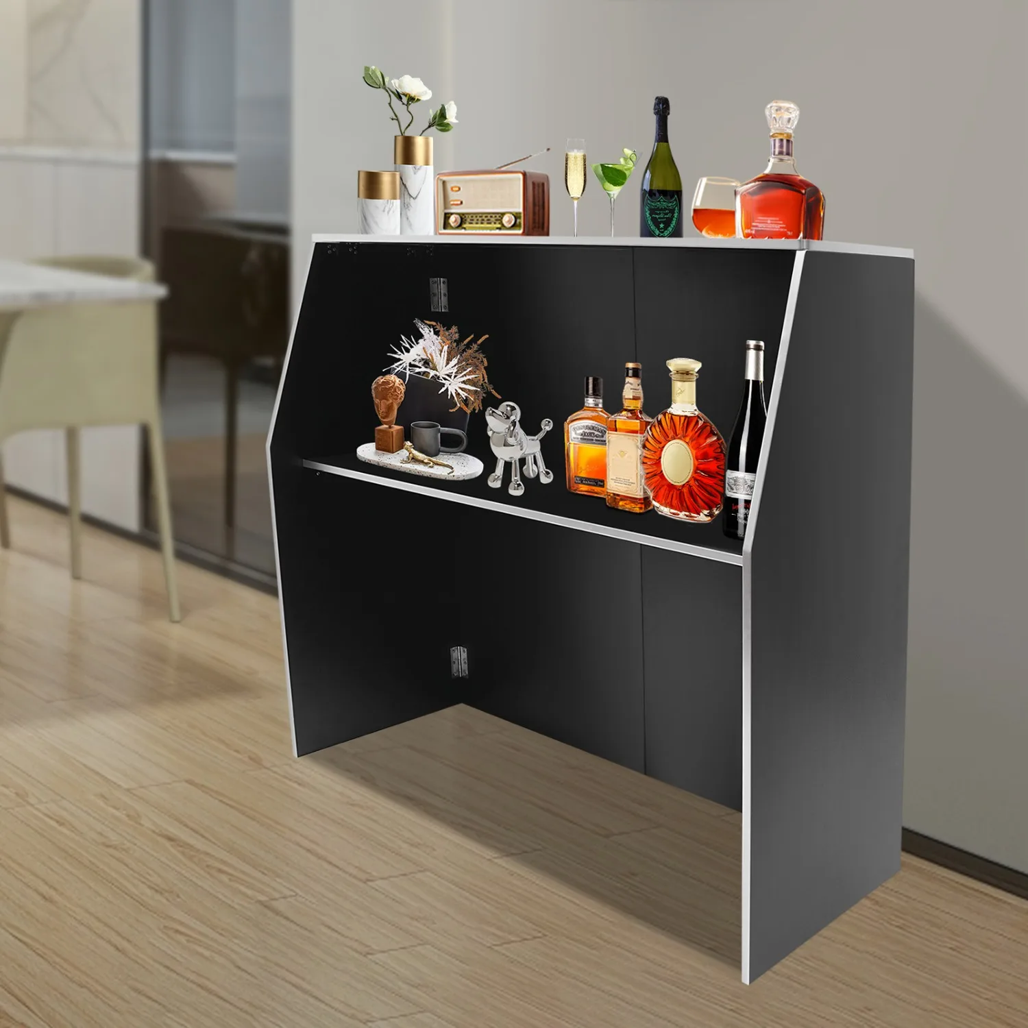 Folding Portable Event Bar with Top and Middle Shelves, Bartender Table Cabinet Station, Mobile Laminate for Parties and Events