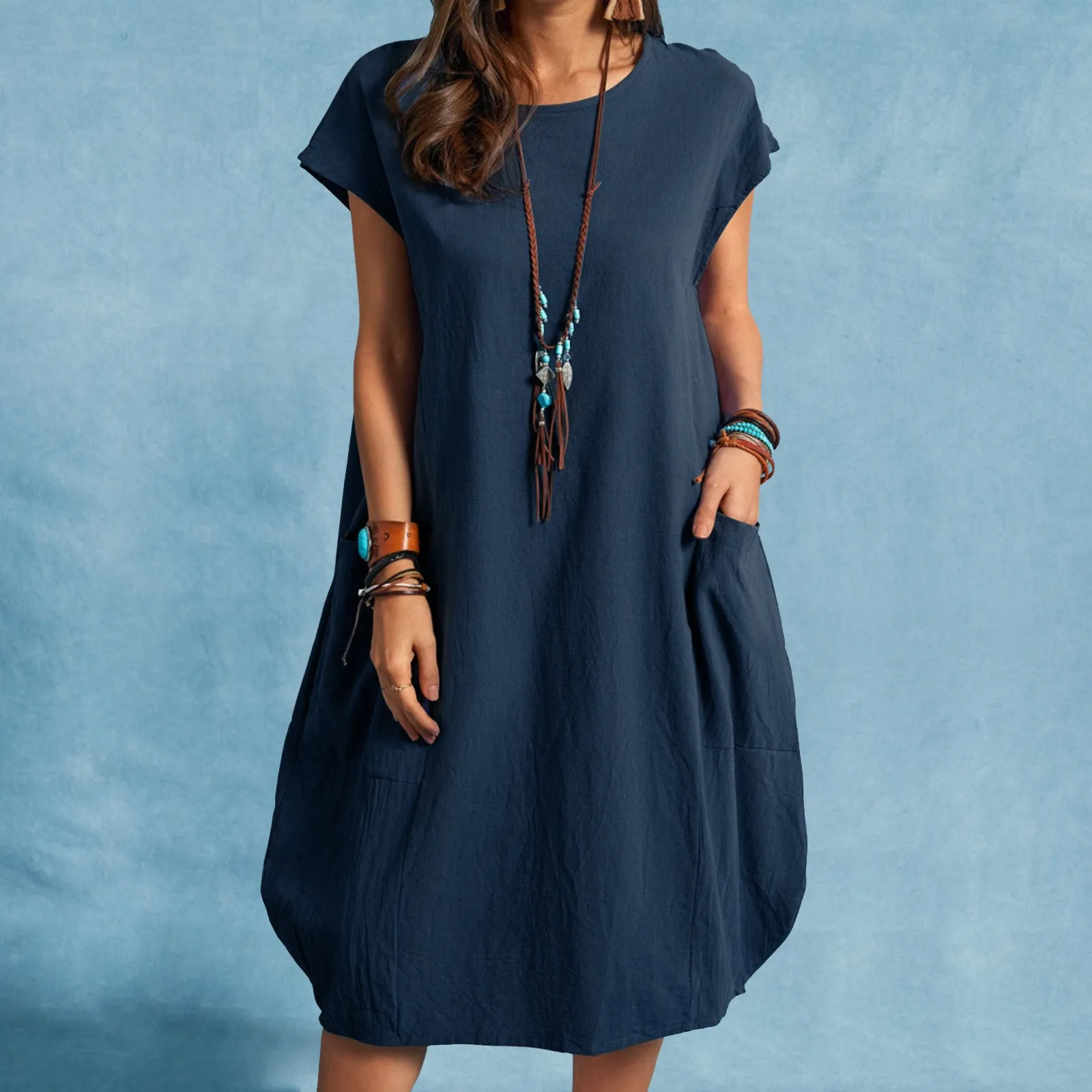 Spring and Summer Europe and the United States Amazon stand alone ebay cotton linen loose casual pure color pocket dress ladies 1