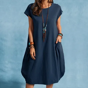 Spring and Summer Europe and the United States Amazon stand alone ebay cotton linen loose casual pure color pocket dress ladies 1