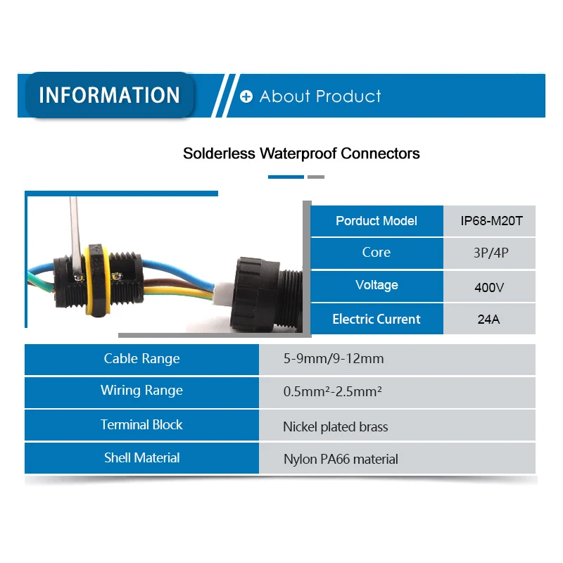 IP68 M20 T Shape Waterproof Connector 3 Pin 4 Pin Quick Terminal Electrical Wire Connector For Outdoor Cable Connection DIY GO