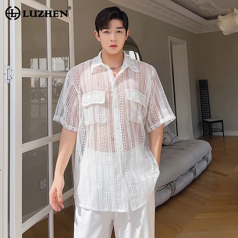 

LUZHEN Summer Solid Color Elegant Casual Short Sleeve Shirt Men's Breathable Design Hollowed Korean Fashion 2024 Clothes LZ2283