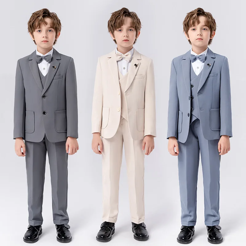 Children Spring Autumn Suit Set Boy Blazer Pants Bowtie Clothes Kids Wedding Party Performance Catwalk Show Photogray Costume