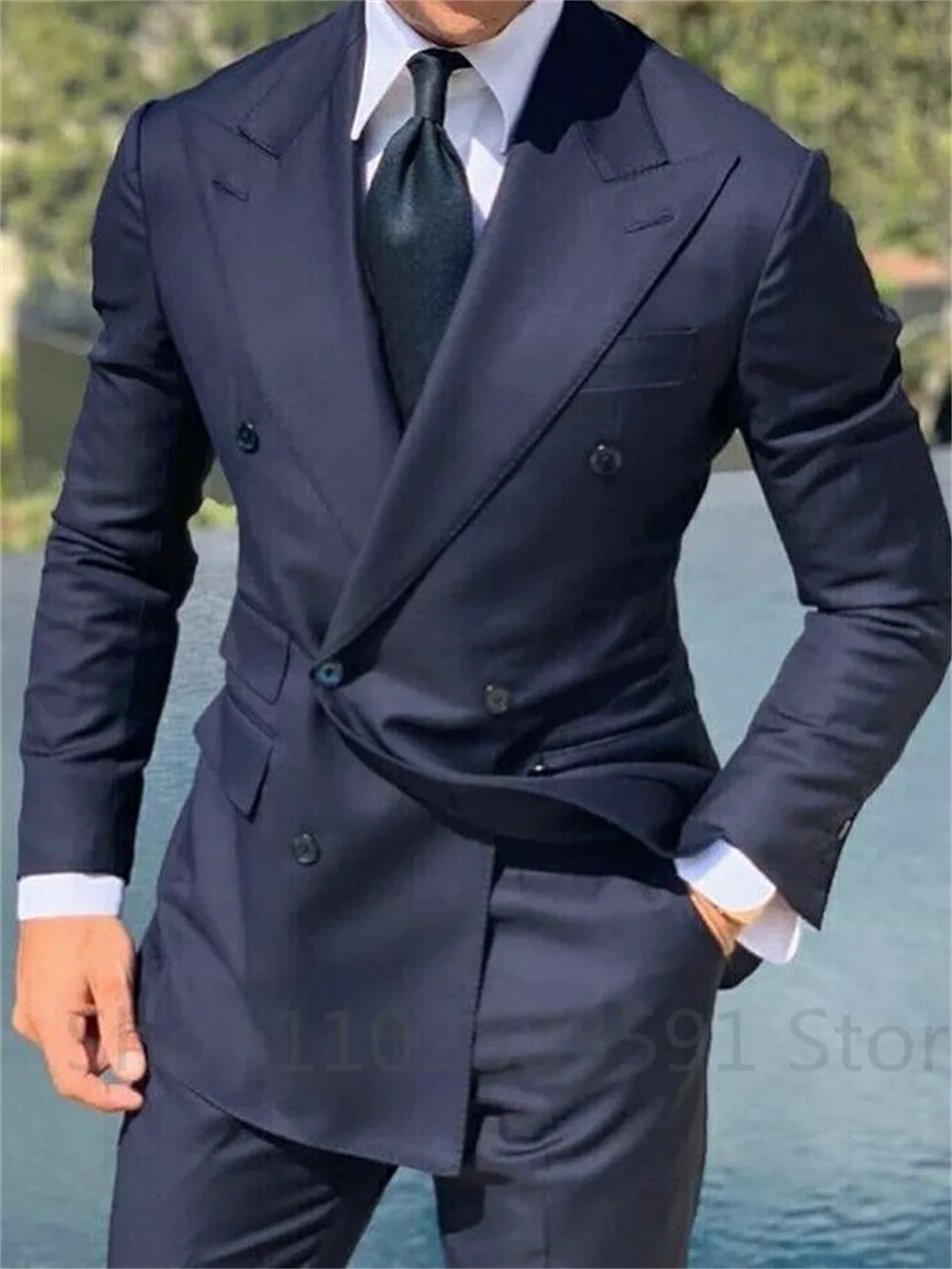 Navy Blue Double Breasted Jacket Only Costume Homme Men Suits Tuxedo Groom Wedding Slim Fit Terno Masculino Blazer 1 Piece