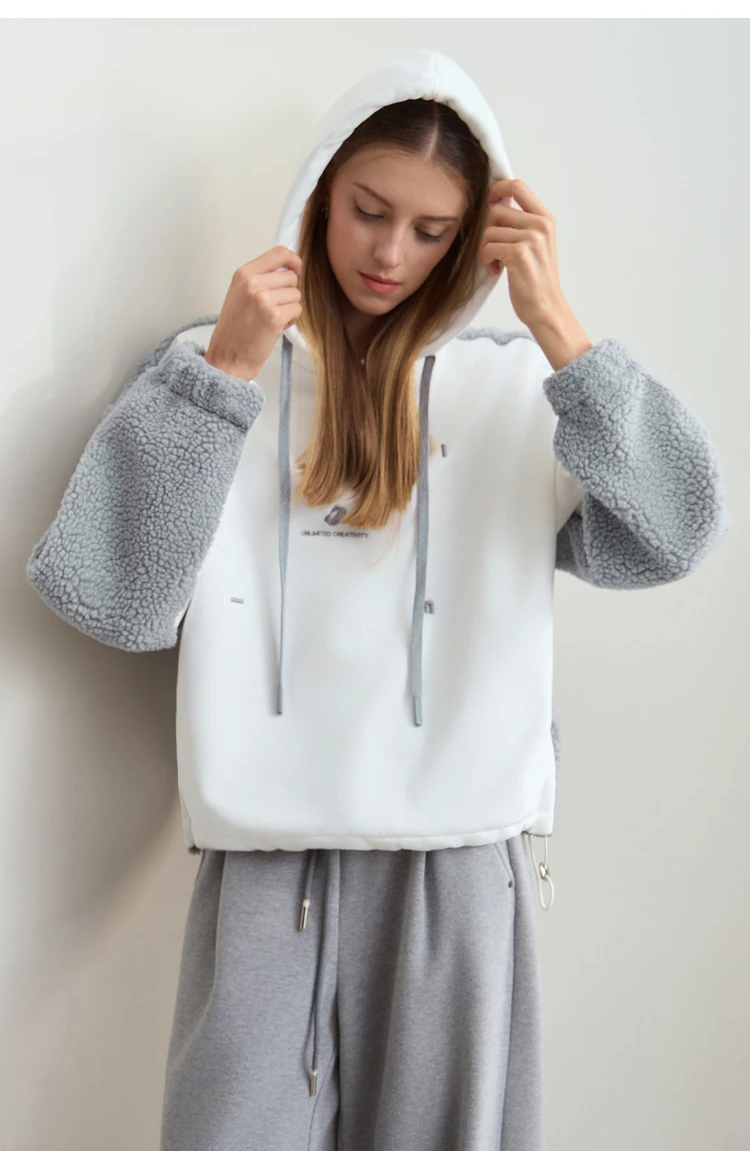 Amii Drawstring Hooded Splicing Imitation Lamb Wool Sweatshirt Embroidered 2024 Winter Women's Loose Thermal Tops 12444131