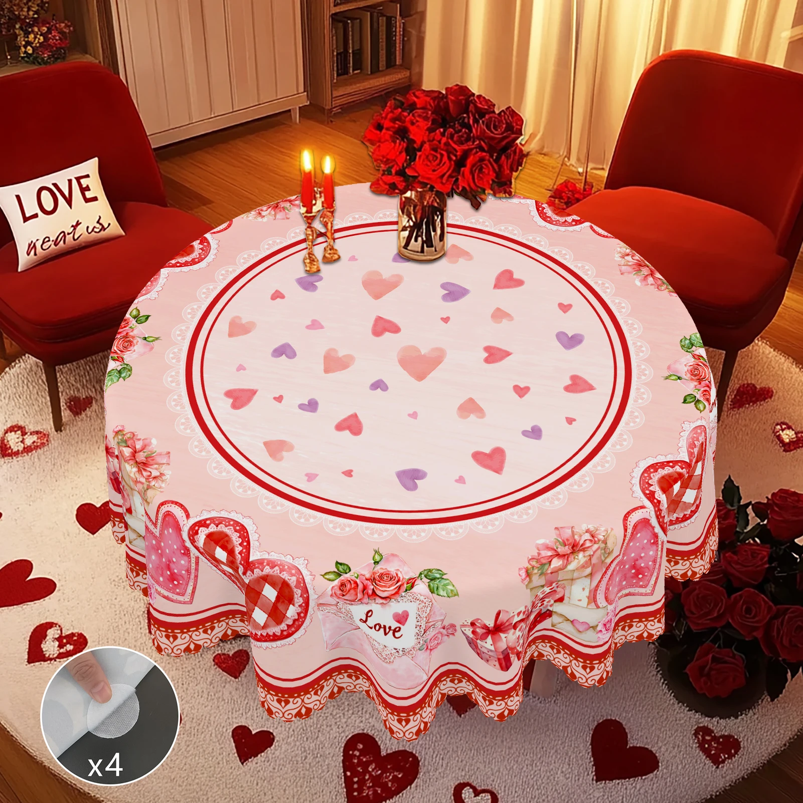 1 Piece Valentine's Day Round and Rectangular Tablecloth, Available in 5 Sizes, Romantic Date Print Decorative Tablecloth, Comes with 4 Tablecloth Stickers, Embossed Edge Craftsmanship, Valentine's Day Garden Tablecloth Decoration, Suitable for Daily Home Kitchen and Patio Use, Valentine's Day Gift