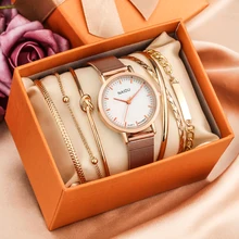 

2022 New Style Women's Dating Watch Bracelet 6 Piece Watches Set Quartz Wristwat Stainles Steel Strap Gift Box Birthday for Wife