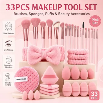 Kit Completo di 33 Strumenti per il Trucco, 13 Pennelli + Spugne + Cuscinetti per le Dita + Fascia per Capelli per Trucco Viso e Occhi, Kit da Viaggio per Ritocchi Quotidiani