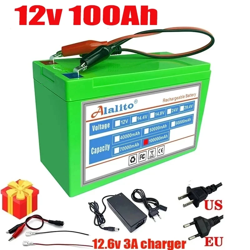 

New 12V 40Ah 50Ah 100Ah lithium Battery Pack Lithium Iron Phosphate Batteries Built-in BMS For Solar Boat+12.6V Charger