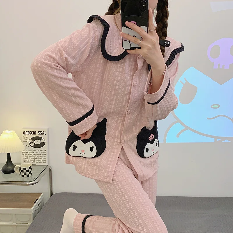 Pajama Women's Jacquard Cartoon Lapel Cardigan Korean Version Long Sleeved Sweet Home Outfit Set