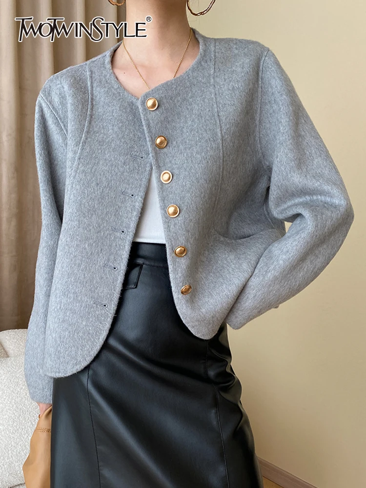 

TWOTWINSTYLE Minimalist Casual Jackets For Women O Neck Long Sleeve Patchwork Single Breasted Vintage Jacket Female Fashion 2023