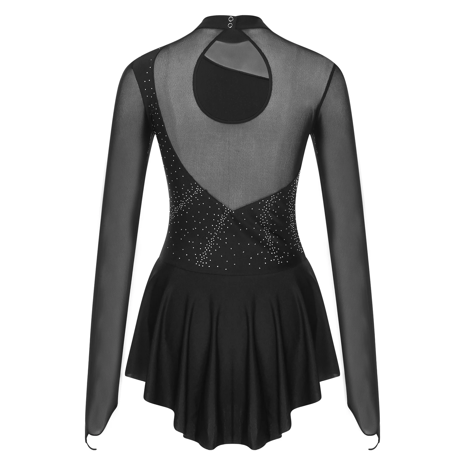 Womens Rhinestone Figure Ice Skating Dress Gymnastics Leotard Dress Long Sleeve Mesh Splice Competition Dance Costume